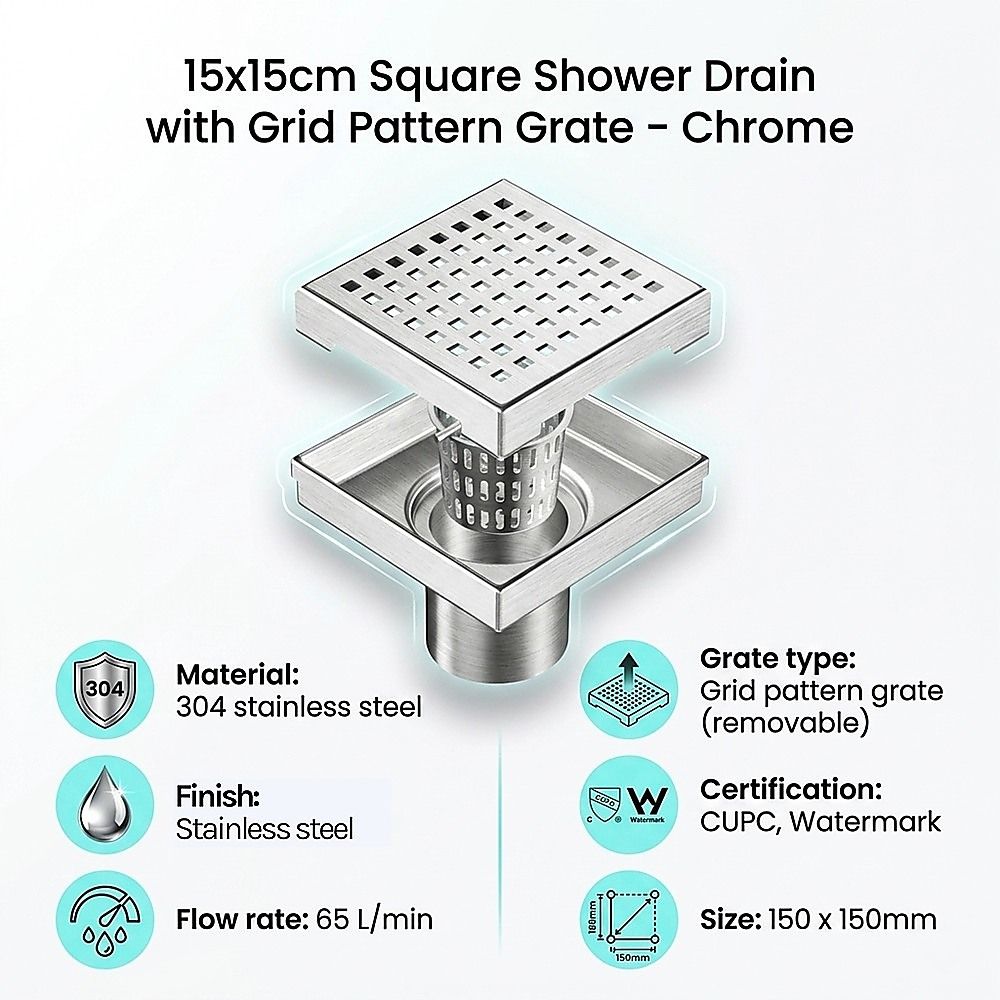 15x15cm Square Shower Drain with Grid Pattern Grate – 304 SS, CUPC Certified with Hair Strainer