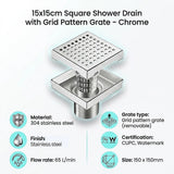 15x15cm Square Shower Drain with Grid Pattern Grate – 304 SS, CUPC Certified with Hair Strainer - Extra Image