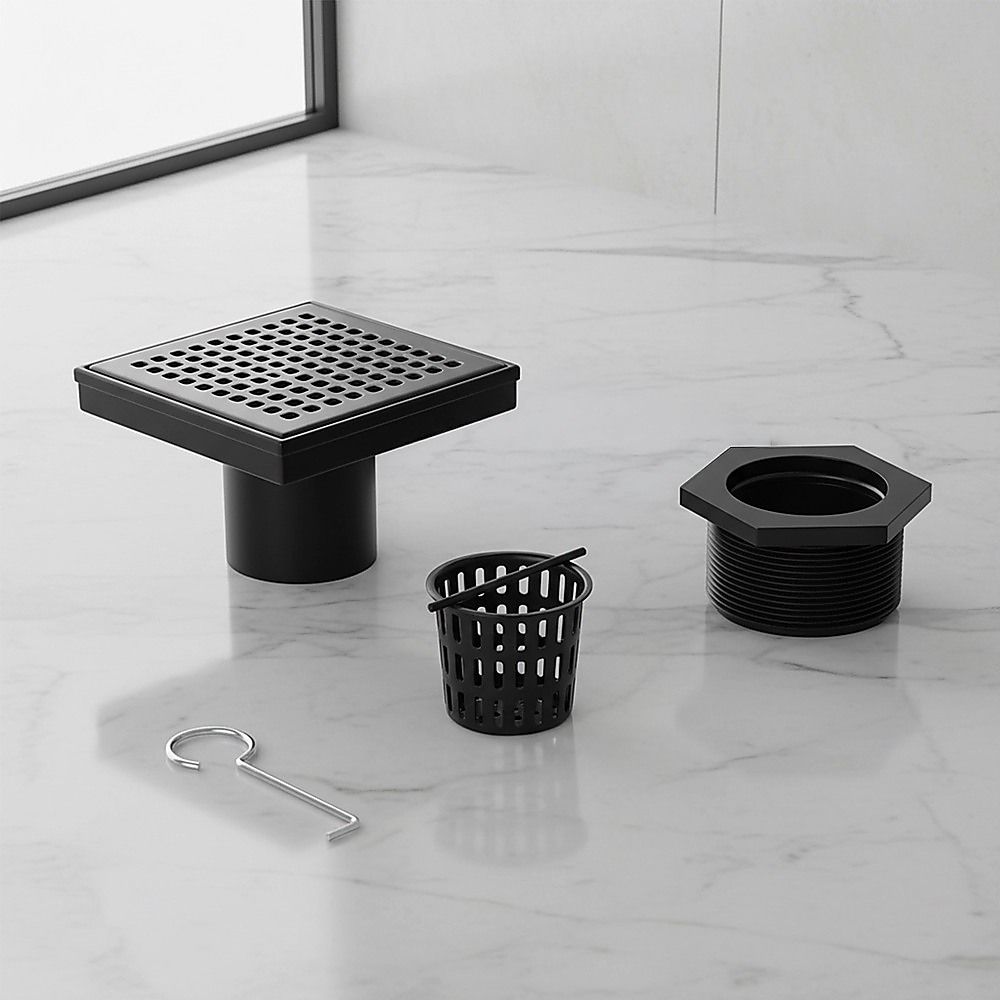 15x15cm Square Shower Drain with Grid Pattern Grate – Matte Black 304SS, CUPC Certified with Hair Strainer