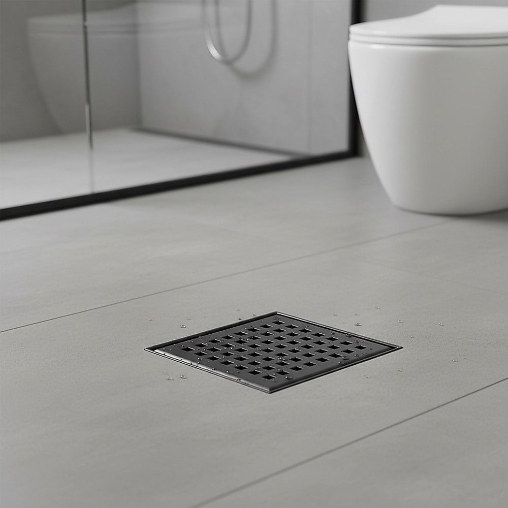 15x15cm Square Shower Drain with Grid Pattern Grate – Matte Black 304SS, CUPC Certified with Hair Strainer