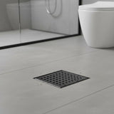 15x15cm Square Shower Drain with Grid Pattern Grate – Matte Black 304SS, CUPC Certified with Hair Strainer - Close-Up Angle