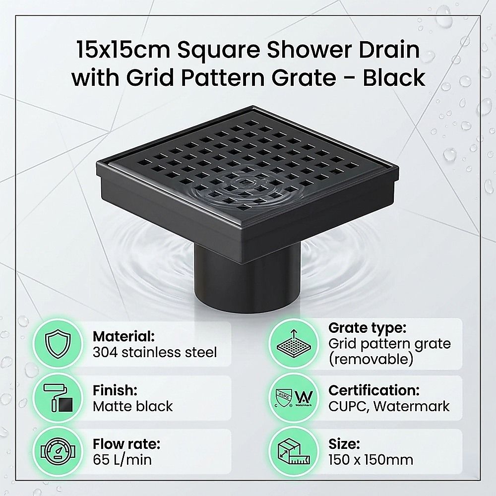 15x15cm Square Shower Drain with Grid Pattern Grate – Matte Black 304SS, CUPC Certified with Hair Strainer