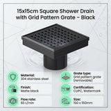 15x15cm Square Shower Drain with Grid Pattern Grate – Matte Black 304SS, CUPC Certified with Hair Strainer - Extra Image