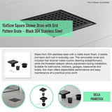 15x15cm Square Shower Drain with Grid Pattern Grate – Matte Black 304SS, CUPC Certified with Hair Strainer