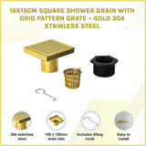 15x15cm Square Shower Drain with Grid Pattern Grate – Brushed Gold 304SS, CUPC Certified with Hair Strainer