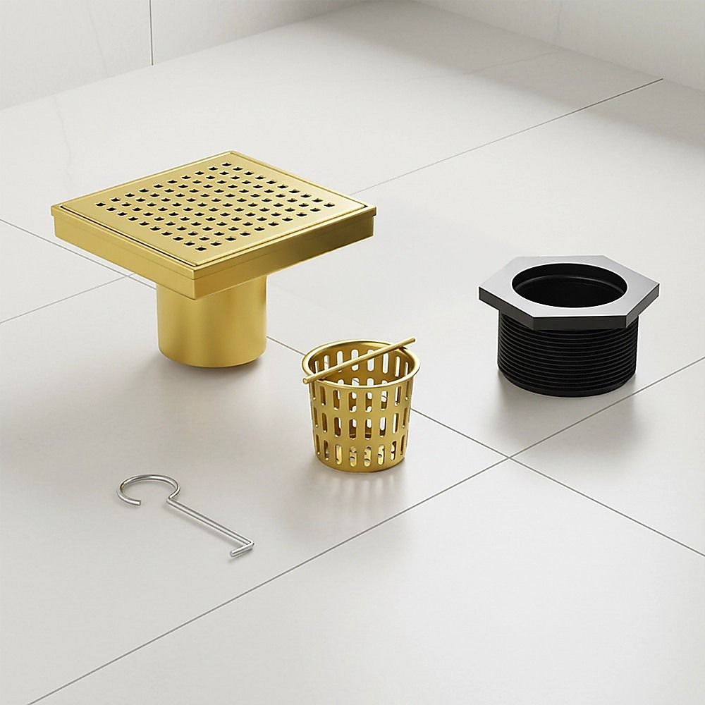 15x15cm Square Shower Drain with Grid Pattern Grate – Brushed Gold 304SS, CUPC Certified with Hair Strainer