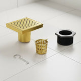15x15cm Square Shower Drain with Grid Pattern Grate – Brushed Gold 304SS, CUPC Certified with Hair Strainer - 45-Degree Angle
