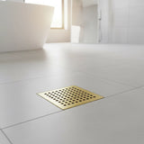 15x15cm Square Shower Drain with Grid Pattern Grate – Brushed Gold 304SS, CUPC Certified with Hair Strainer - Close-Up Angle