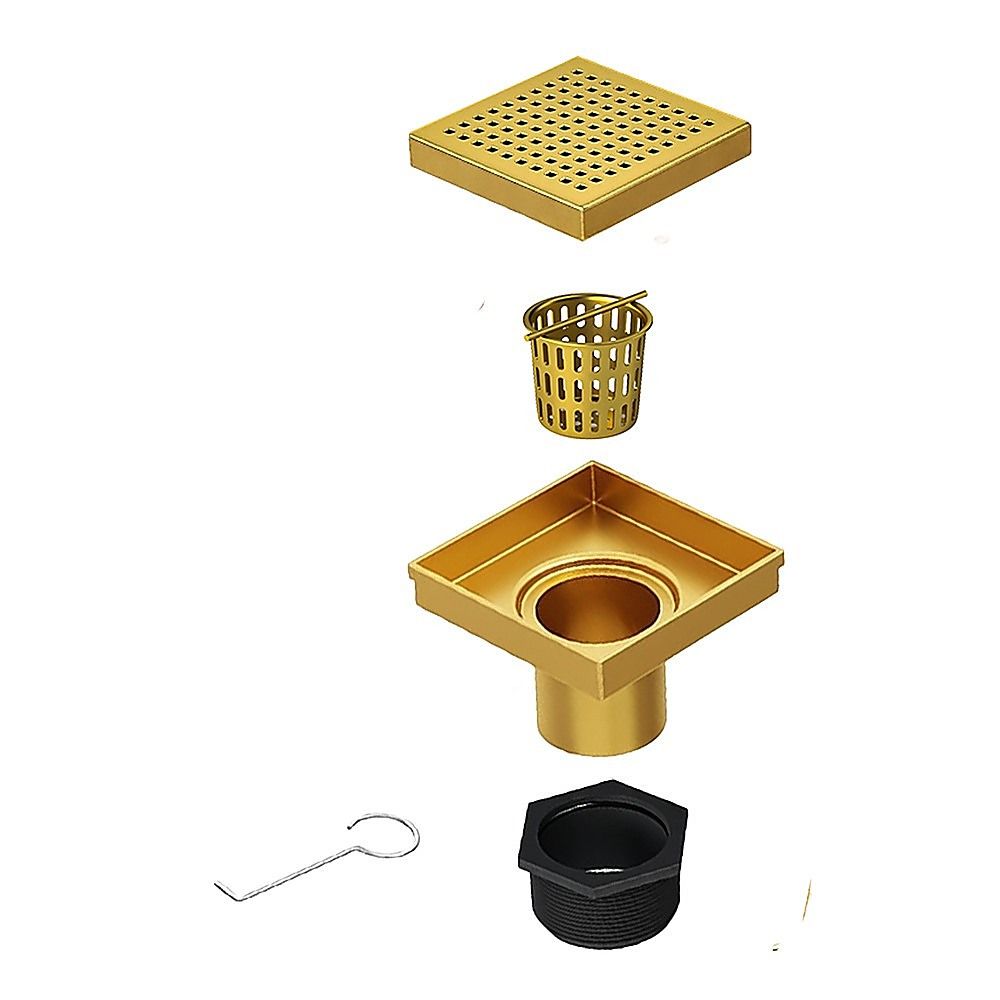 15x15cm Square Shower Drain with Grid Pattern Grate – Brushed Gold 304SS, CUPC Certified with Hair Strainer