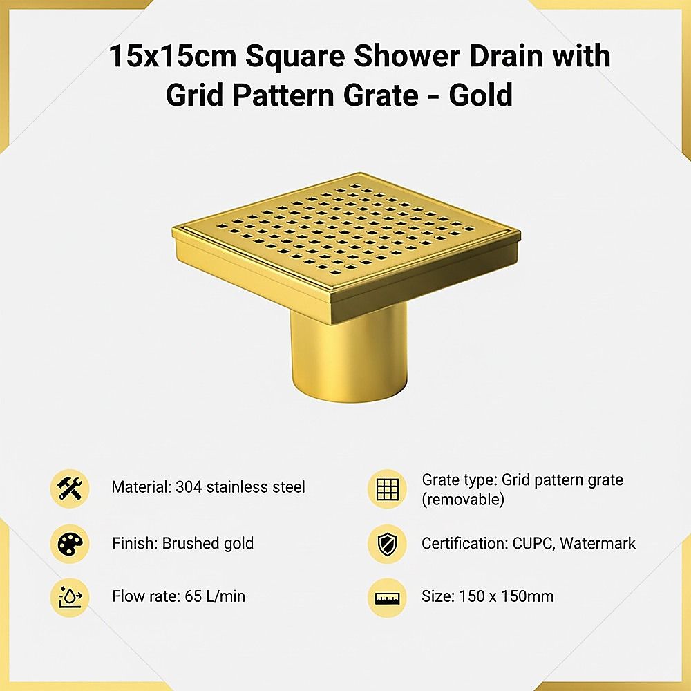 15x15cm Square Shower Drain with Grid Pattern Grate – Brushed Gold 304SS, CUPC Certified with Hair Strainer