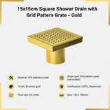 15x15cm Square Shower Drain with Grid Pattern Grate – Brushed Gold 304SS, CUPC Certified with Hair Strainer