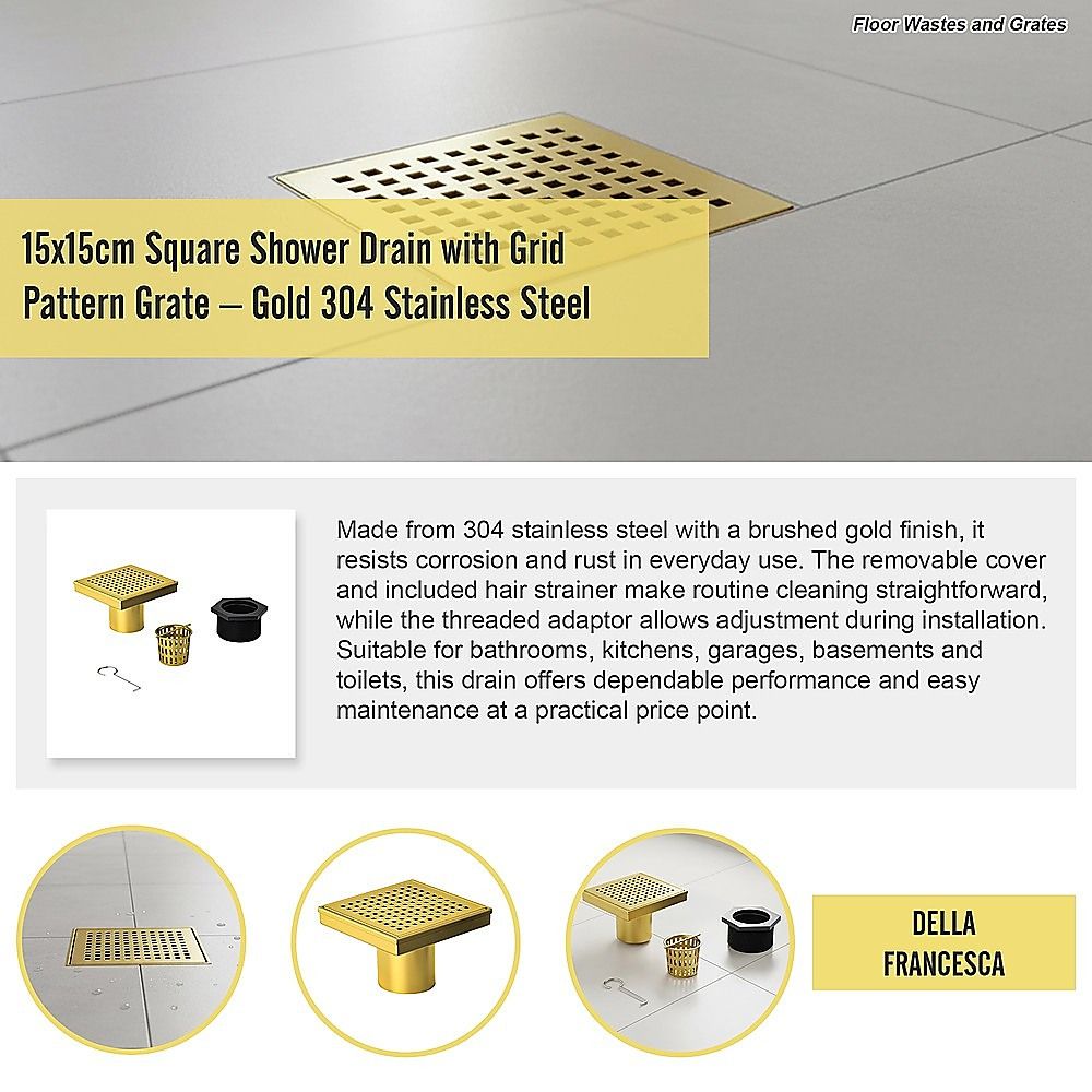 15x15cm Square Shower Drain with Grid Pattern Grate – Brushed Gold 304SS, CUPC Certified with Hair Strainer