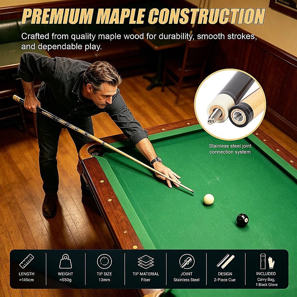 57" 2-Piece Maple Wood Billiard Pool Cue Sticks 19oz with Free Carry Bag for Smooth Control and Accuracy