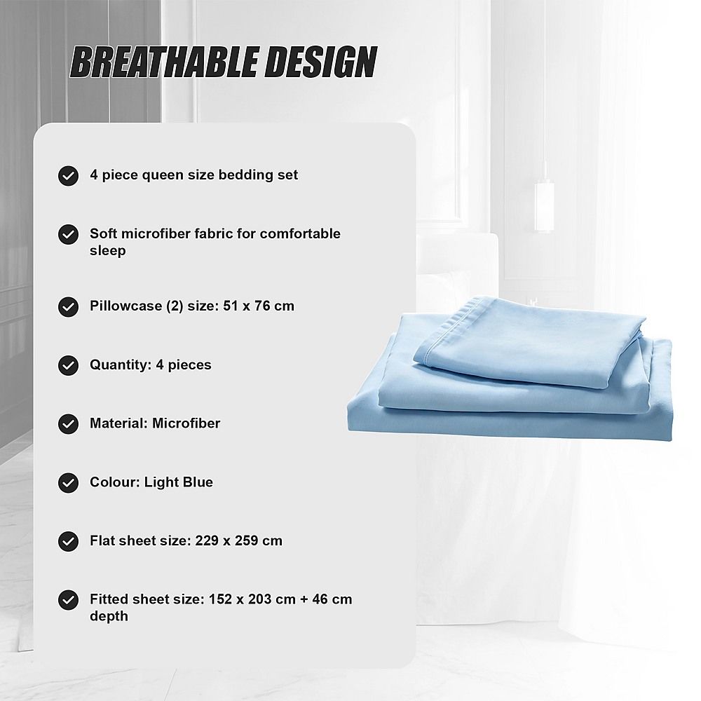 Microfiber Sheet Set 4 Piece Light Blue White Deep Pocket Bed Sheets Soft Breathable Easy Care Bedding