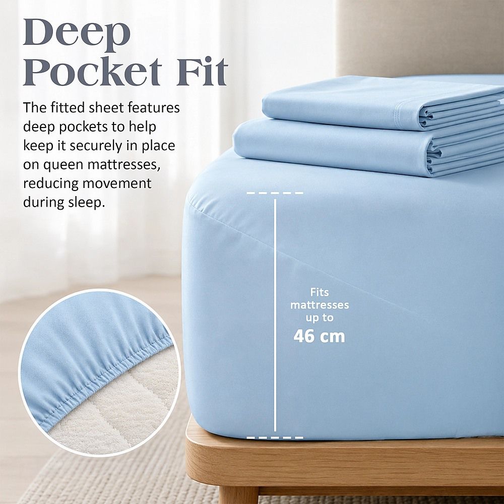 Microfiber Sheet Set 4 Piece Light Blue White Deep Pocket Bed Sheets Soft Breathable Easy Care Bedding
