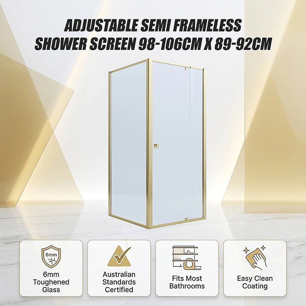 Adjustable Semi Frameless Shower Screen 98-106cm x 89-92cm With Gold Hardware For Modern Bathrooms