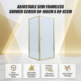 Adjustable Semi Frameless Shower Screen 98-106cm x 89-92cm With Gold Hardware For Modern Bathrooms - Side View