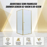 Adjustable Semi Frameless Shower Screen 82-90cm x 89-92cm With Gold Hardware For Modern Bathrooms