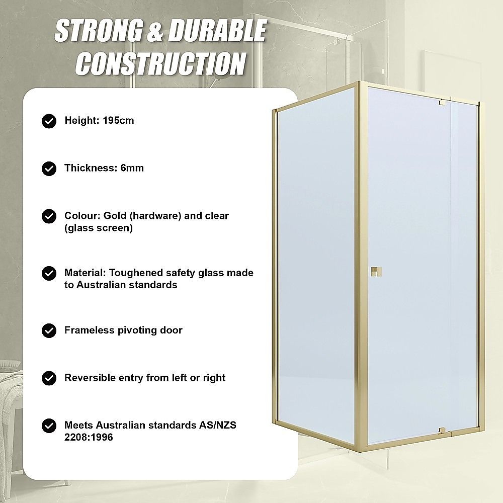 Adjustable Semi Frameless Shower Screen 82-90cm x 89-92cm With Gold Hardware For Modern Bathrooms
