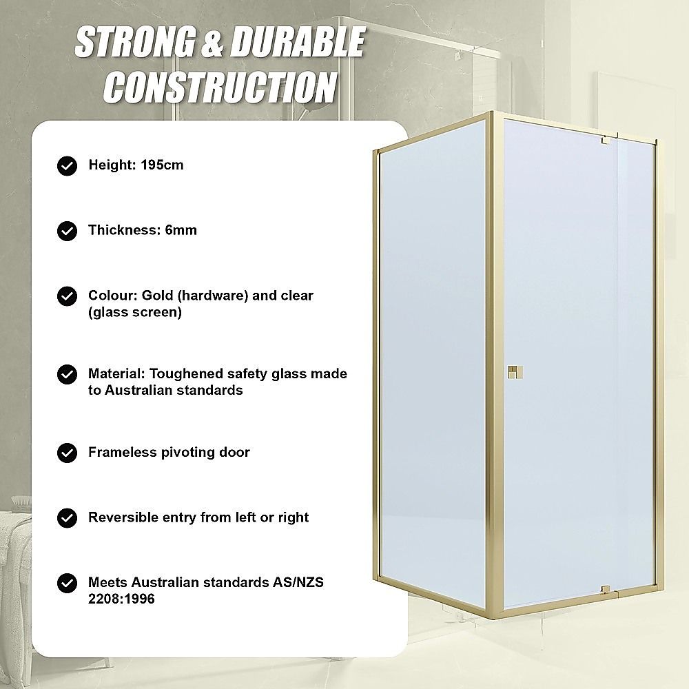 Adjustable Semi Frameless Shower Screen 74-82cm x 89-92cm With Gold Hardware For Modern Bathrooms