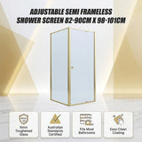 Adjustable Semi Frameless Shower Screen 82-90cm x 98-101cm With Gold Hardware For Modern Bathrooms - Side View