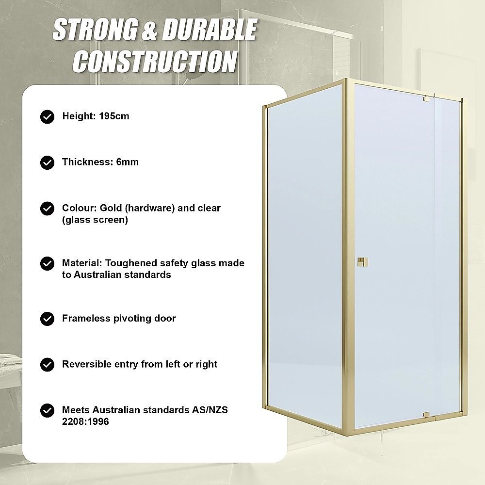 Adjustable Semi Frameless Shower Screen 82-90cm x 98-101cm With Gold Hardware For Modern Bathrooms