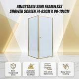 Adjustable Semi Frameless Shower Screen 74-82cm x 98-101cm With Gold Hardware For Modern Bathrooms - Side View