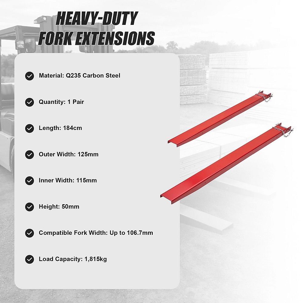 Heavy Duty Pallet Fork Extensions 184cm Carbon Steel Forklift Attachments with Safety Pins for Extended Load Handling
