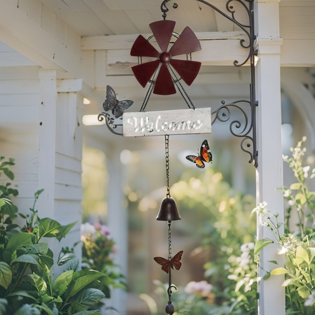 Hanging Welcome Windmill w Bell + Butterflies 88cm