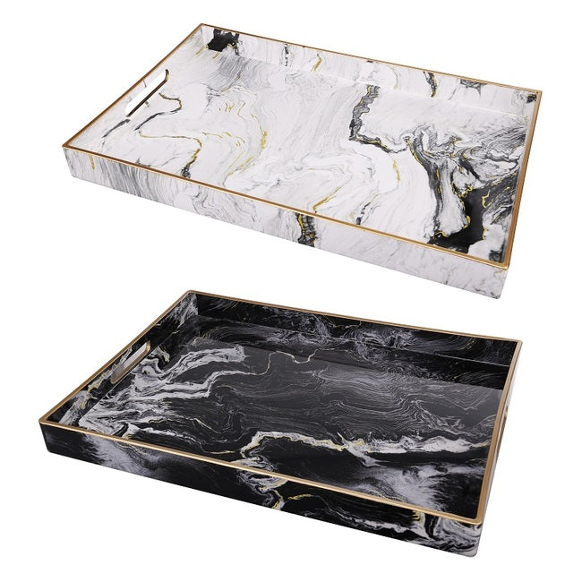 Set 2 Marble Patterned Rectangular Trays 48cm
