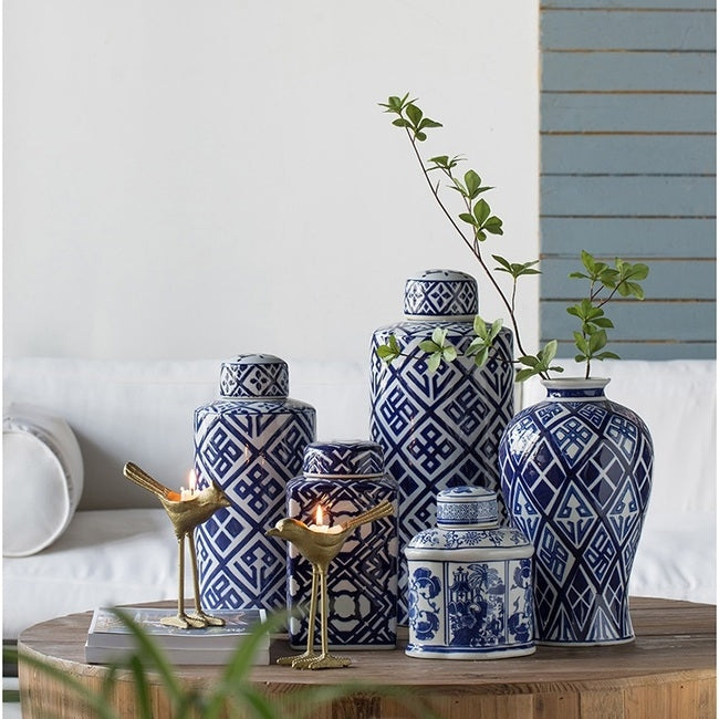 Valora Blue & White Cylinder Jar 35cm