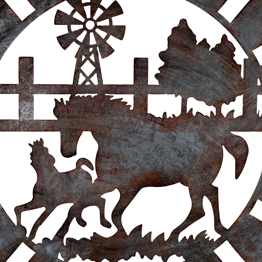 Galvanised w Rust Horses Round Laser Cut Wall Art 100cm