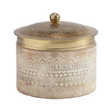 Hand Carved Round Wood Box W Pressed Metal Lid 13cm