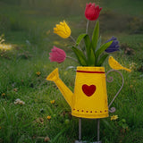 Flowers In Yellow Watering Can Garden Stake 55cm - Front View