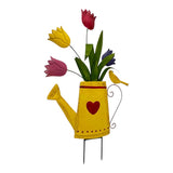 Flowers In Yellow Watering Can Garden Stake 55cm - Top-Down View