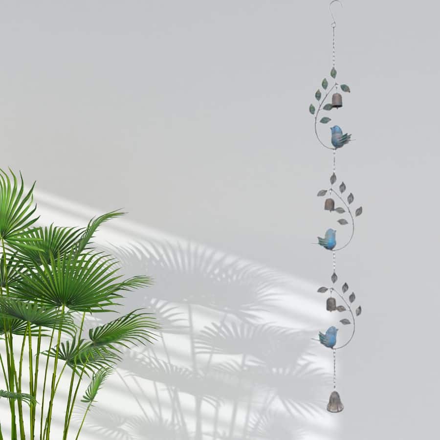 Hanging Bell w Leaves + Birds 14cm