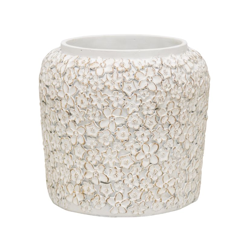 White Flower Embossed Planter w Hole + Plug 25cm