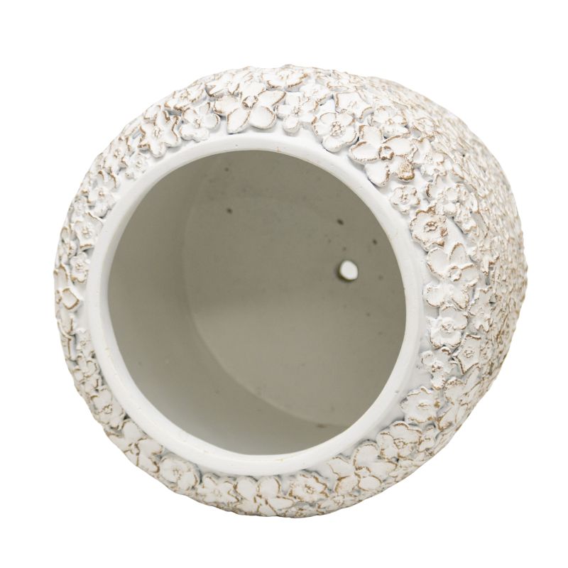 White Flower Embossed Planter w Hole + Plug 25cm