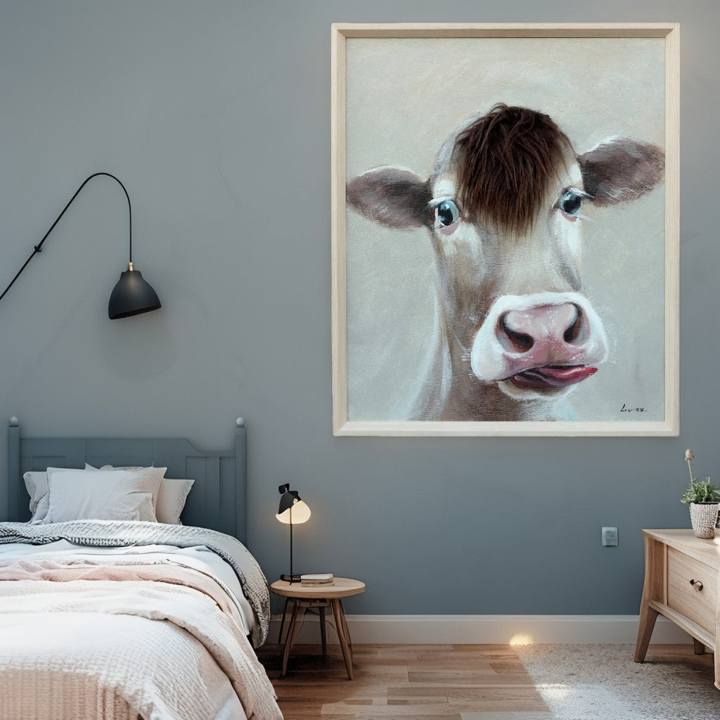 Cow w Attitude Artificial Hair Framed Canvas Wall Art 60cm