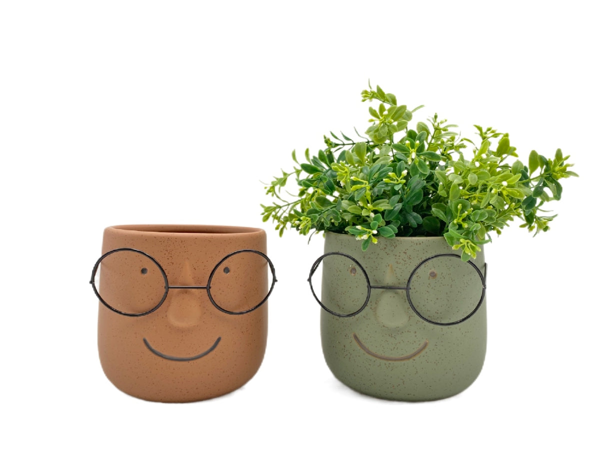 Man w Metal Glasses in Ceramic Pot Planter Assort 13x14cm