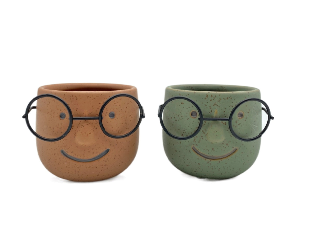 Set 2 Man w Metal Glasses Ceramic Pot 7cm