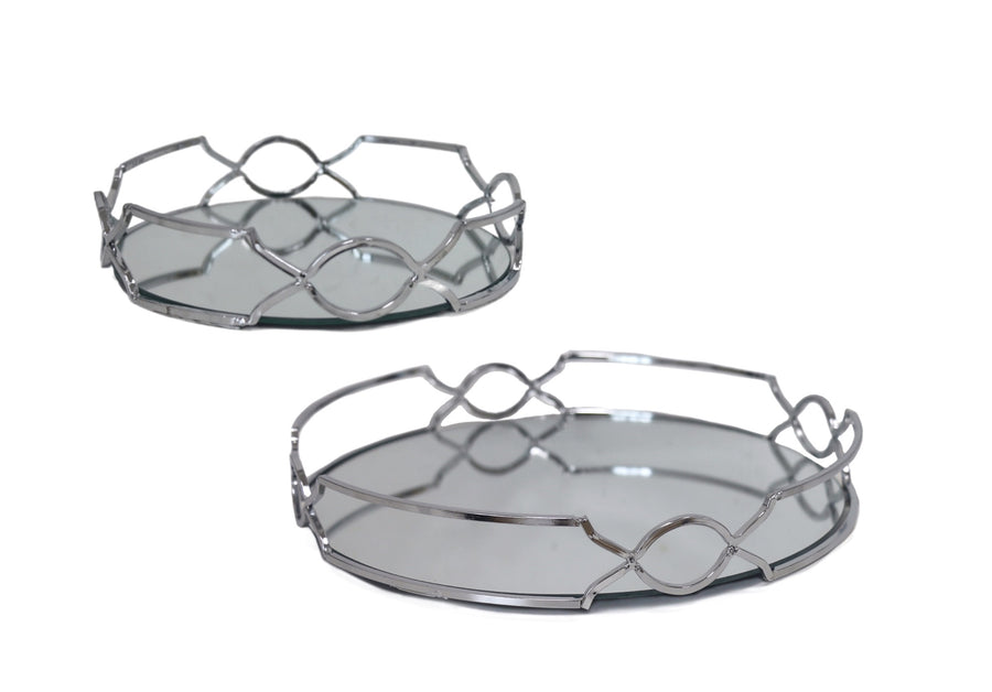 Set 2 Round Silver Mirror Tray 30cm