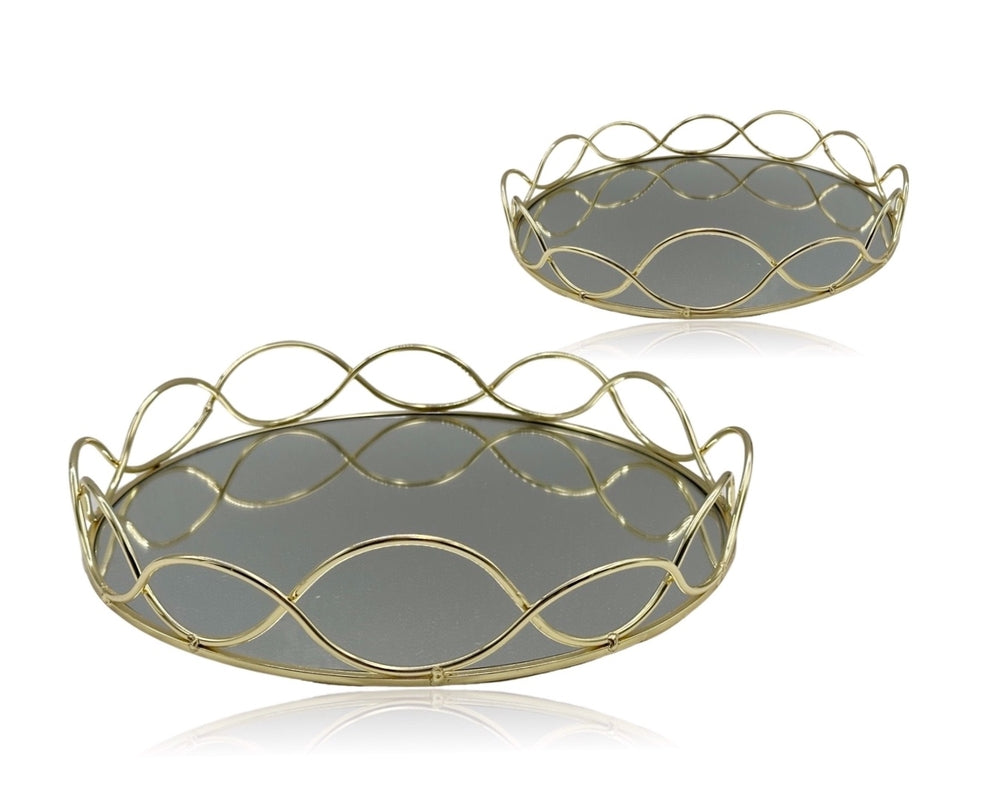 Set 2 Round Gold Mirror Tray 30cm