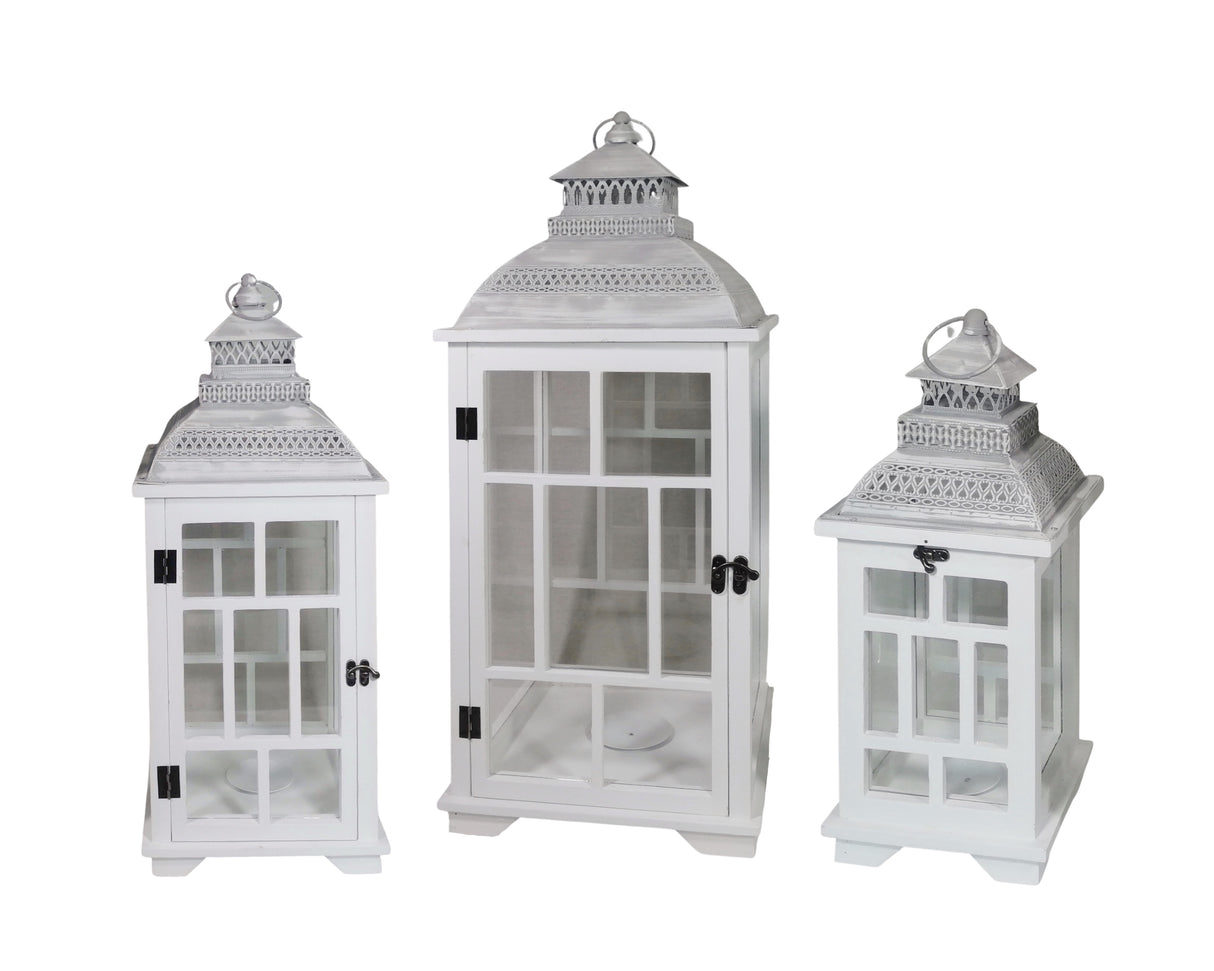 Set 3 White Wooden Lantern w Metal Roof 79cm