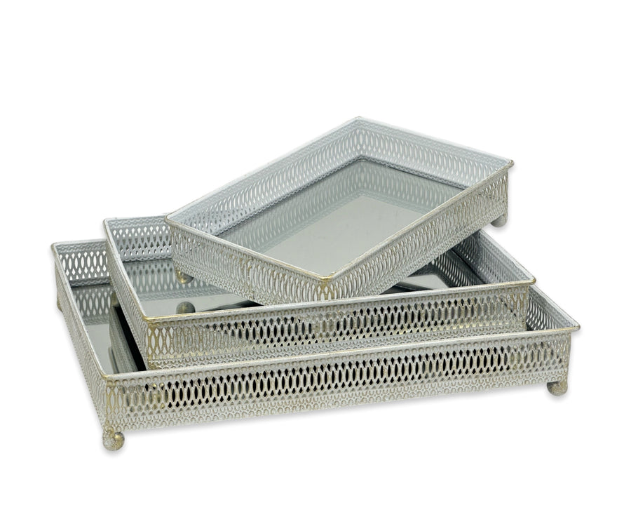Set 3 White Wash Moroccan Mirror Tray 34x6cm