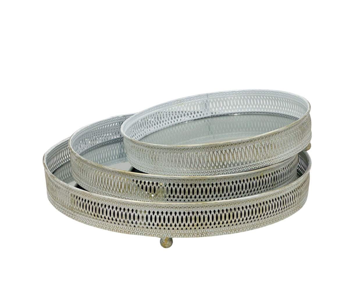 Set 3 White Wash Moroccan Mirror Tray 34x6cm