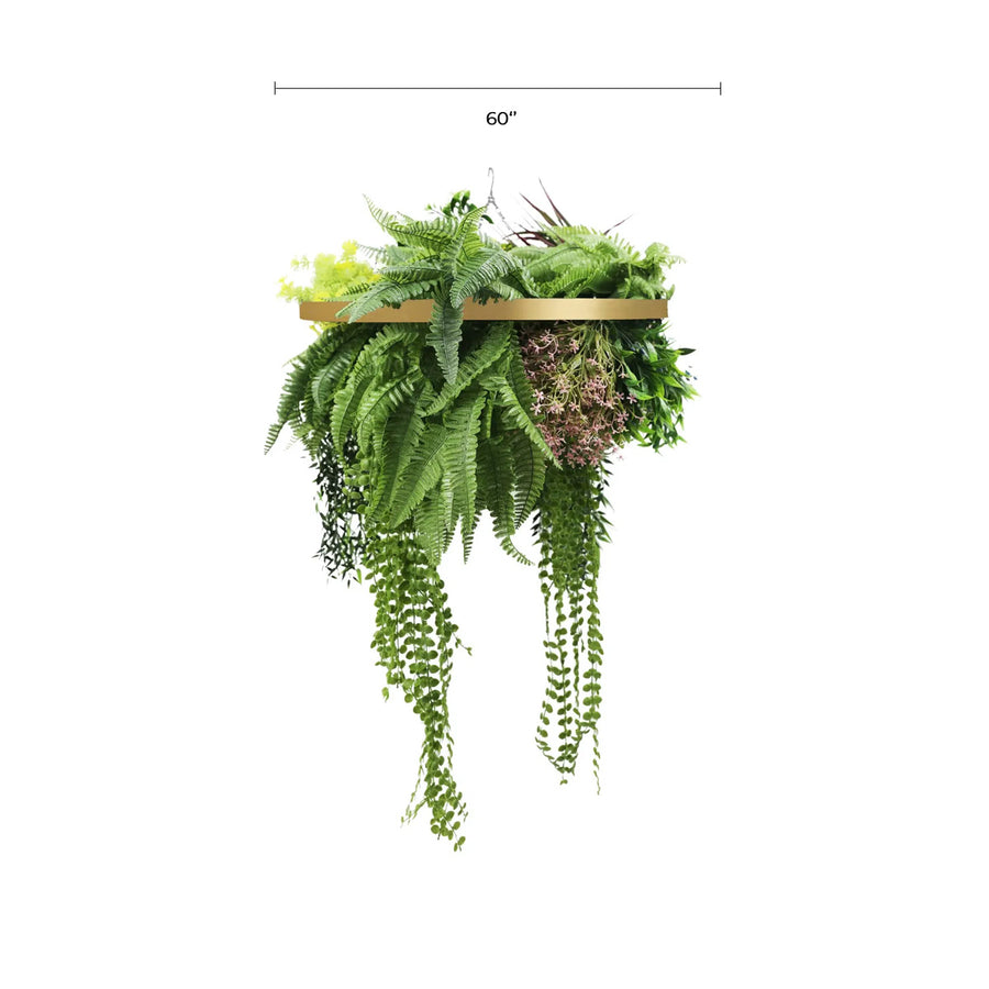 Gold Framed Roof Hanging Disc With Tropical Foliage and Draping Ferns 60cm UV Resistant