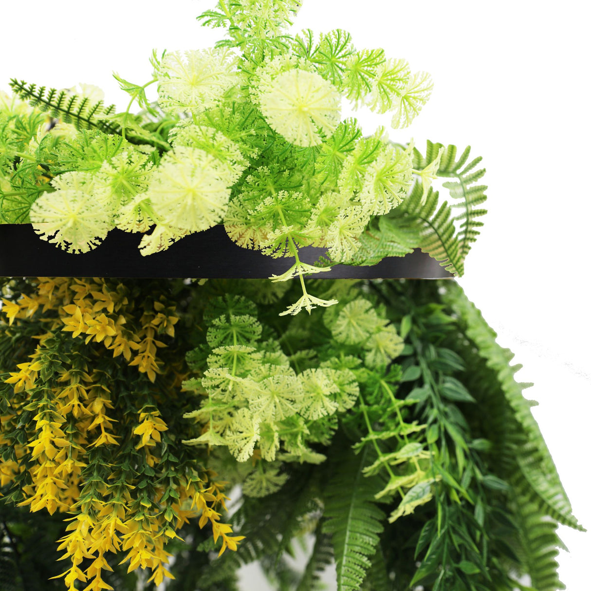 Black Framed Hanging Disc with Bright Tropical Foliage and Draping Ferns 40cm UV Resistant