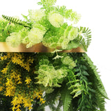 Gold Framed Roof Hanging Disc With Bright Tropical Foliage Mix and Draping Ferns 40cm UV Resistant - Side View