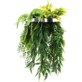 Silver Framed Roof Hanging Disc With Bright Tropical Foliage Mix and Draping Ferns 40cm UV Resistant - Front View